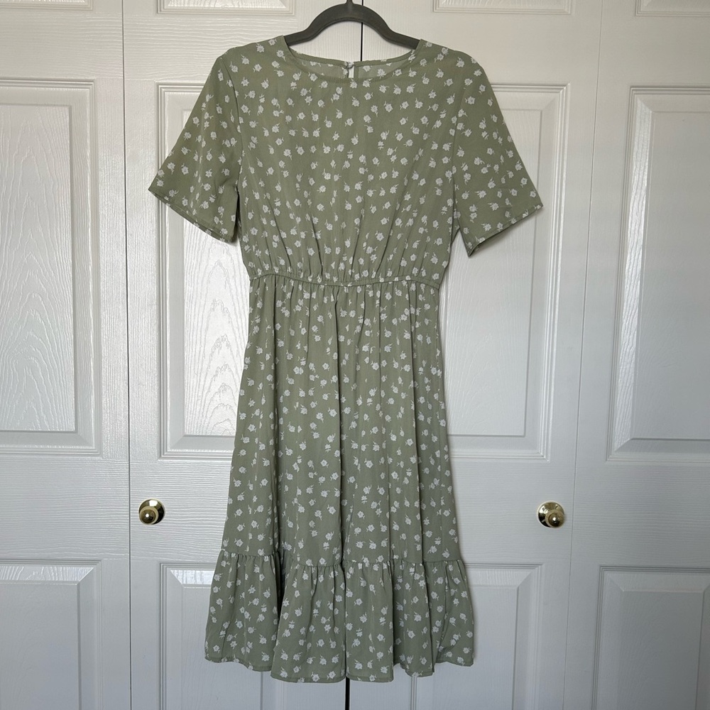 Sage Green Dress with White Floral Print